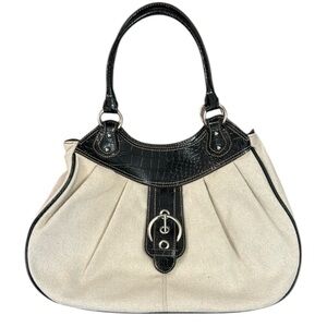 Nine West Woven Ivory & Black Shoulder Bag Silver Buckle Y2K Croc Patent Trim